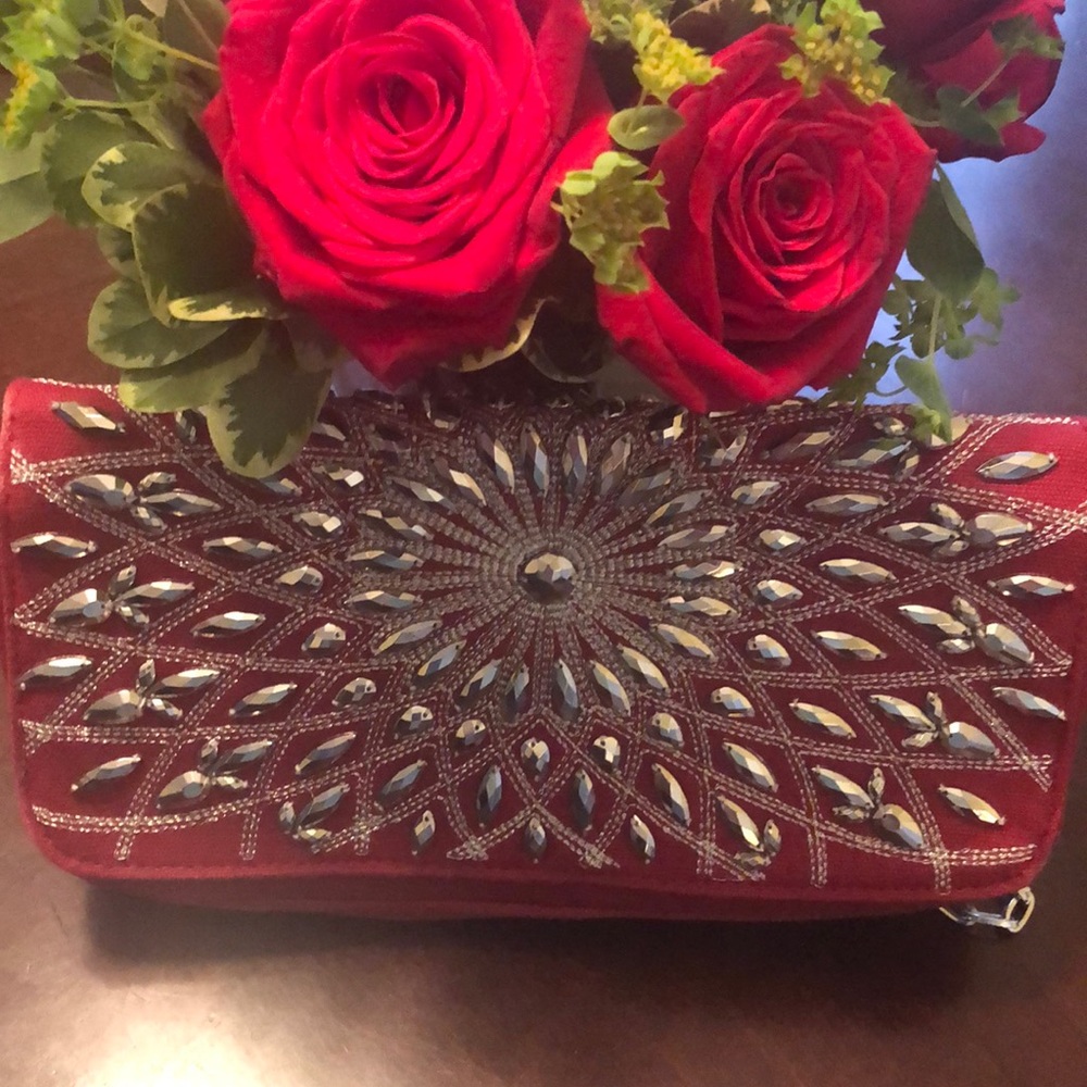 White House Black Market Red Clutch with Silver Accents